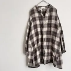 ＊チチカカ＊ 長袖ノーカラーシャツ チェック柄 薄手 カジュアル グリーン系