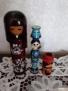こけし人形セット　3点セット　木製　花柄