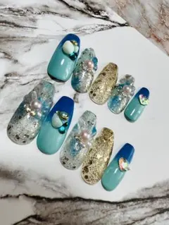 NO.3現品ネイルチップ夏ネイル　海ネイル　ブルーネイル　韓国ネイル　ニュアンス