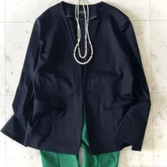 美品 アンタイトル 洗える コットン ノーカラージャケット ネイビー サイズ4