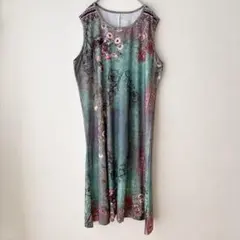 美品 ヴィンテージ ロングワンピース クルーネック ノースリーブ 花柄 グリーン