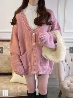 ピンク ニット カーディガン VネックGRL ロービングヤーンルーズカーディガン