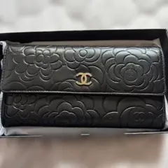 正規品】CHANEL シャネル カメリア エンボス フラップ長財布 ブラック
