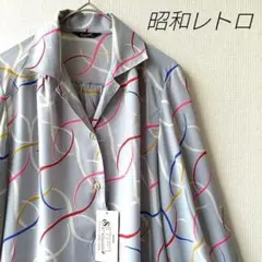 タグ付　昭和レトロ ビンテージ ブラウス　くすみグレー　総柄　カラフル