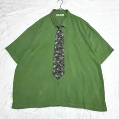 希少サイズ シルク100% ネクタイシャツ 緑 総柄 アート柄 ビッグサイズ