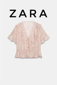 ZARA ストライプ柄 フリルブラウス 半袖のサムネイル
