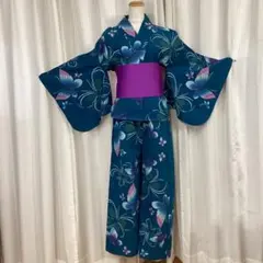 青緑色の蝶模様 浴衣・帯セット