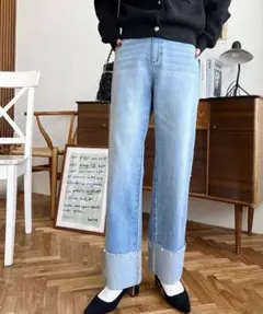 【新品未使用】moment+ ロールアップデニムパンツ　サックスブルー　Lサイズ