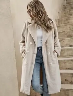 ベージュ フリース風 ダブルブレストコート