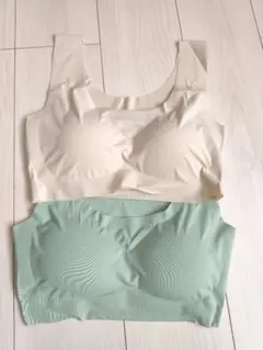 Lサイズ，ベージュ+グリーン，ノンワイヤー ブラトップ 2色セット
