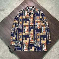 7BS1 アンティーク柄　長袖シャツ　ネイビー　レトロ　M 総柄　アート　古着