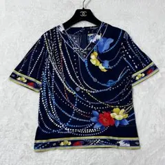 レオナール 半袖 カットソー 花柄 宝石柄 ネイビー Vネック 綿 トリム L