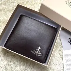 未使用に近い ヴィヴィアンウエストウッド 二つ折り財布 レザー ダークブラウン