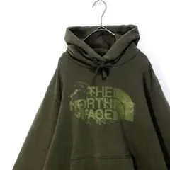 古着 ノースフェイス スウェット パーカー M グリーン系 ロゴプリント ヤレ感