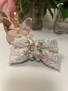 fitafitaツイードリボンバレッタ ビーズ装飾