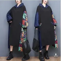 新品大きいサイズ韓国風 プルオーバー長袖パーカーフード付秋冬ロングワンピースw
