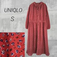 ユニクロ プリントVネックロングシャツワンピース【S】ダークオレンジ 長袖 羽織