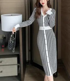 ☆韓国☆Ⅴネック 千鳥格子 ボタンニットワンピース 長袖