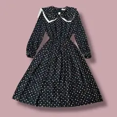 ヴィンテージ ロングワンピース 幾何学模様 セーラー襟 襟付き リボン サイズ9