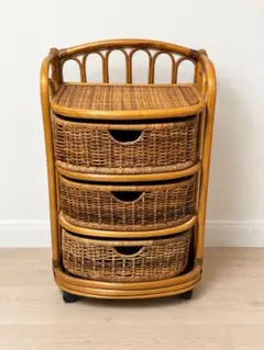 ヴィンテージ ラタン ワゴン 2段 深型バスケット キャスター付 籐