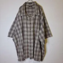 アロー【4XL】半袖シャツ レギュラーカラー 半袖 チェック 茶緑 ポリエステ