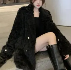 ファー ダブルブレストコート　黒