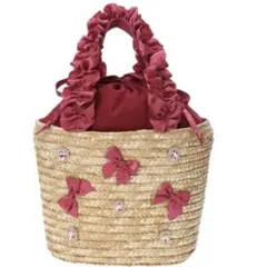 1点のみ【メゾンドフルール】フリルハンドルビジューミニかごバッグ(ダークピンク)