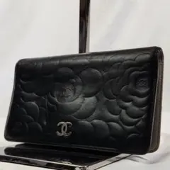 正規品 CHANEL カメリア 二つ折り財布 黒 シルバー金具 ココマーク