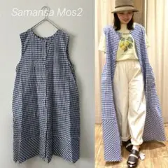 Samansa Mos2 ブルーホワイト ギンガムチェックノースリーブワンピース
