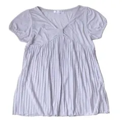 胸元リボン　プリーツ　半袖　Vネック　カットソー　ライトグレー