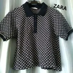 GWセール★美品　ZARA　レトロジャガードポロシャツ 　ネイビー　幾何学模様