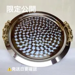 【限定公開】ステンレストレー アンティーク トレー 円形 竹柄ハンドル 未使用
