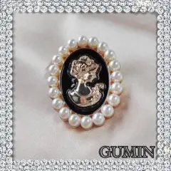ブローチ アクセサリー カメオ調 パール アンティーク風 上品 ブラック 新品