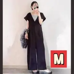 オールインワン レディース サロペット ワイドパンツ Vネック 体型カバー