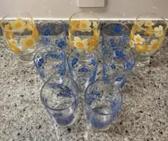 【当時物】昭和レトロ 花柄グラス 10個セット 黄色×青 コップ型 刻印あり