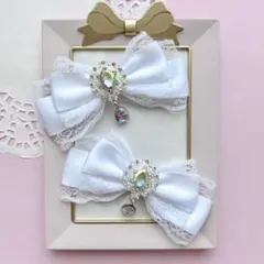 【推し活】ホワイト レースリボン オーロラビジュー付き ヘアクリップ 2個セット