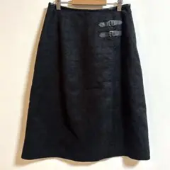 美品✨ヒロタ　ひざ丈スカート　ミディアム　片側2本ベルト　黒　ブラック　高見え