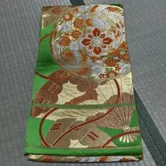 華やかな花柄 袋帯 緑色