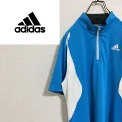【ロゴ刺繍】adidasアディダス　ハーフジップ半袖ポロシャツ　水色　白　M
