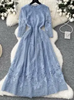 ブルー　レース　ワンピース　ドレス　オケージョン　結婚式　パーティー　ブルベ夏