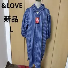 新品　L ひらり春生地　ストライプ　フリルネック　ロングワンピ　セール♪