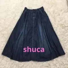 shucaデニム M ロングスカートフレア　ゴム　インディゴ濃紺ブルーA ライン