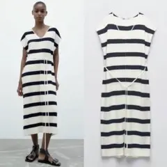 新品 ZARA ストライプニットミディワンピース Mサイズ