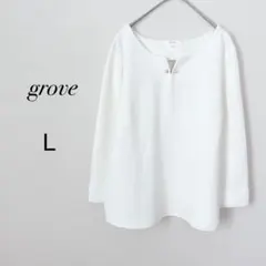 グローブ　リブカットソー　白　L　パールボタン　パフスリーブ風　オフィス　美品