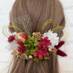 グリーンレッド♡金箔付♡髪飾り ヘッドドレス 前撮り 成人式 卒業式 七五三