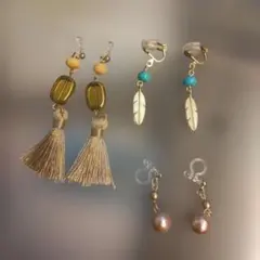イヤリング 3点セット タッセル フェザー パール風 ハンドメイド