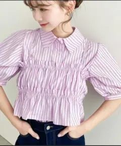 【美品】無地＆マルチストライプフリルビスチェセット半袖シャツブラウス