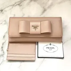美品✨️PRADA 長財布 サフィアーノ フィオッコ ピンクベージュ リボン