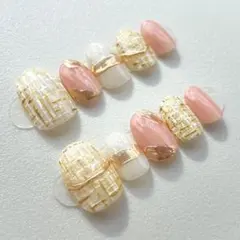 【No.70】ジェルネイルチップ　ツイード　ピンク　ゴールド　アイボリーベージュ