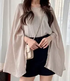 楊柳シフォンフレアスリーブスリットトップス　グレー [fo1712]